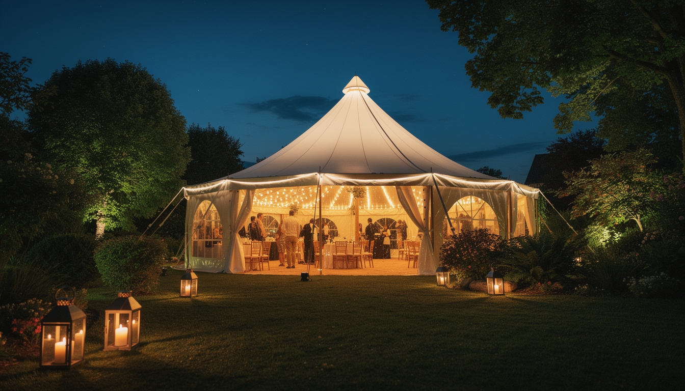 Beleuchtetes Pagodenzelt bei einem Gartenfest