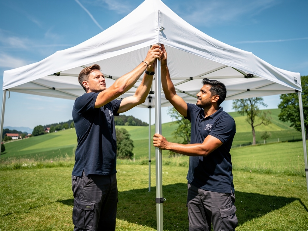 Das Dulmerova Team beim professionellen Aufbau eines Pagodenzelts